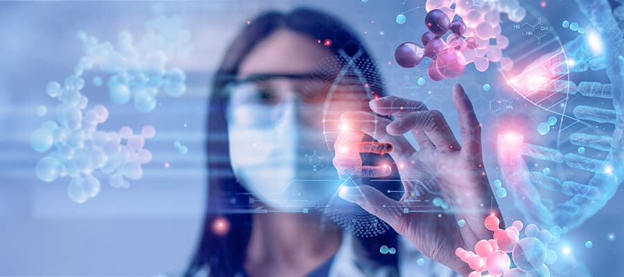 Cell and gene therapy scientist holding a cut dna for checking with analysis chromosome DNA genetic of human on virtual interface.